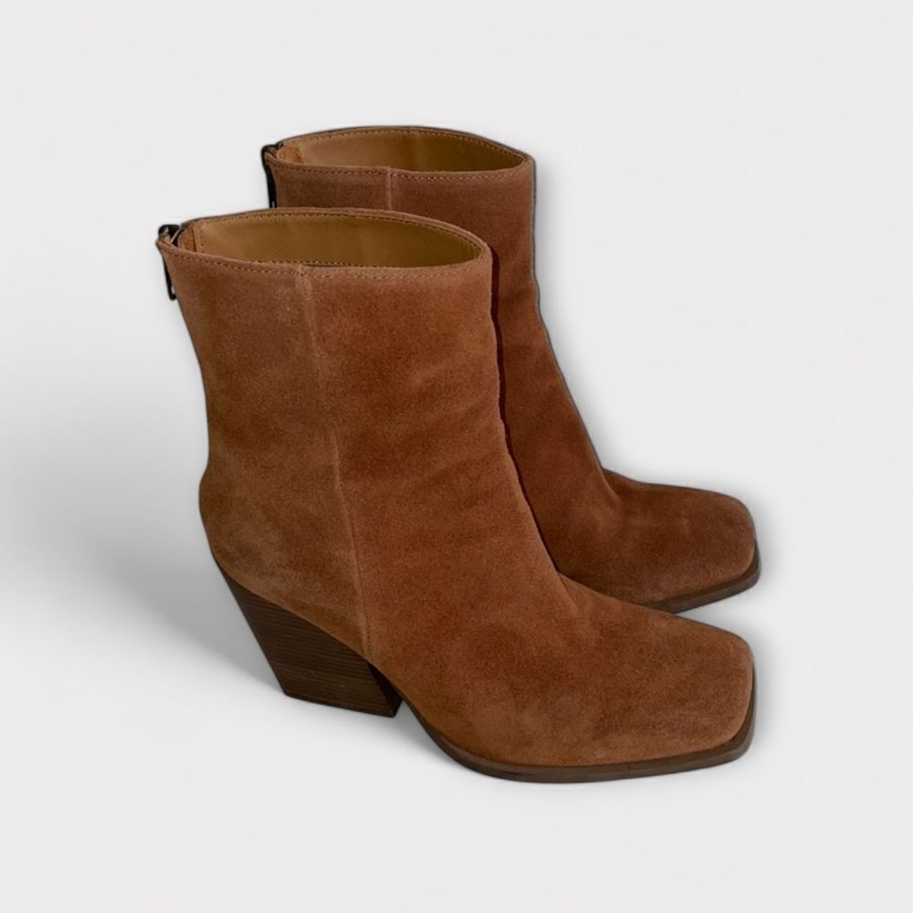 Anthropologie Seychelles Every Time You Go Square Toe Suede Boots In Cognac 7.5